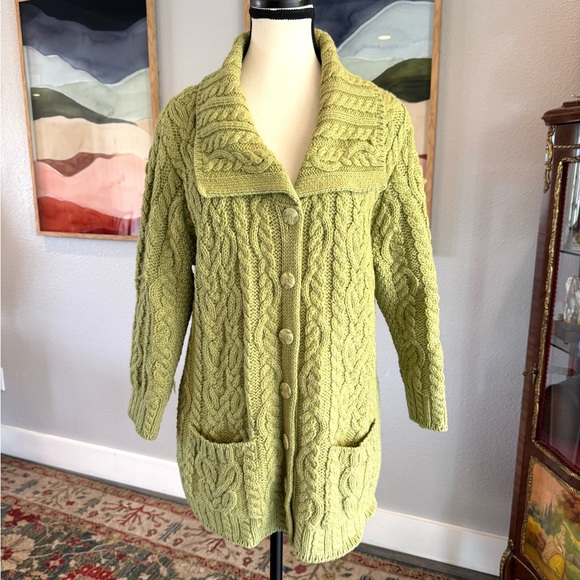 Aran Crafts Green Cable Wool Knit Sweater Cardigan - Picture 12 of 14